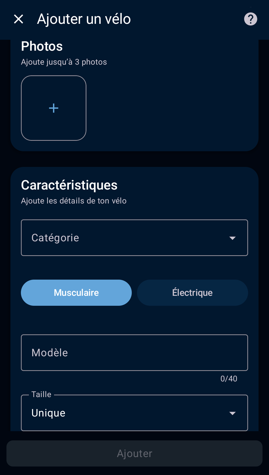 écran d’ajout de photos et des caractéristiques du vélo