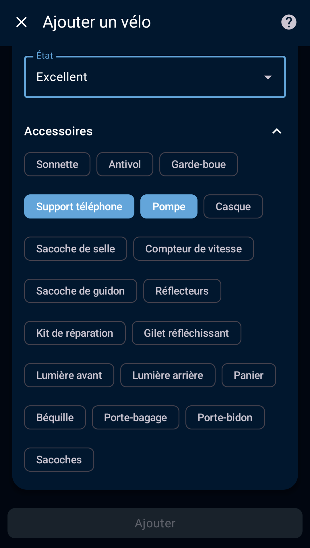écran d’ajout de l’état du vélo et de ses accessoires