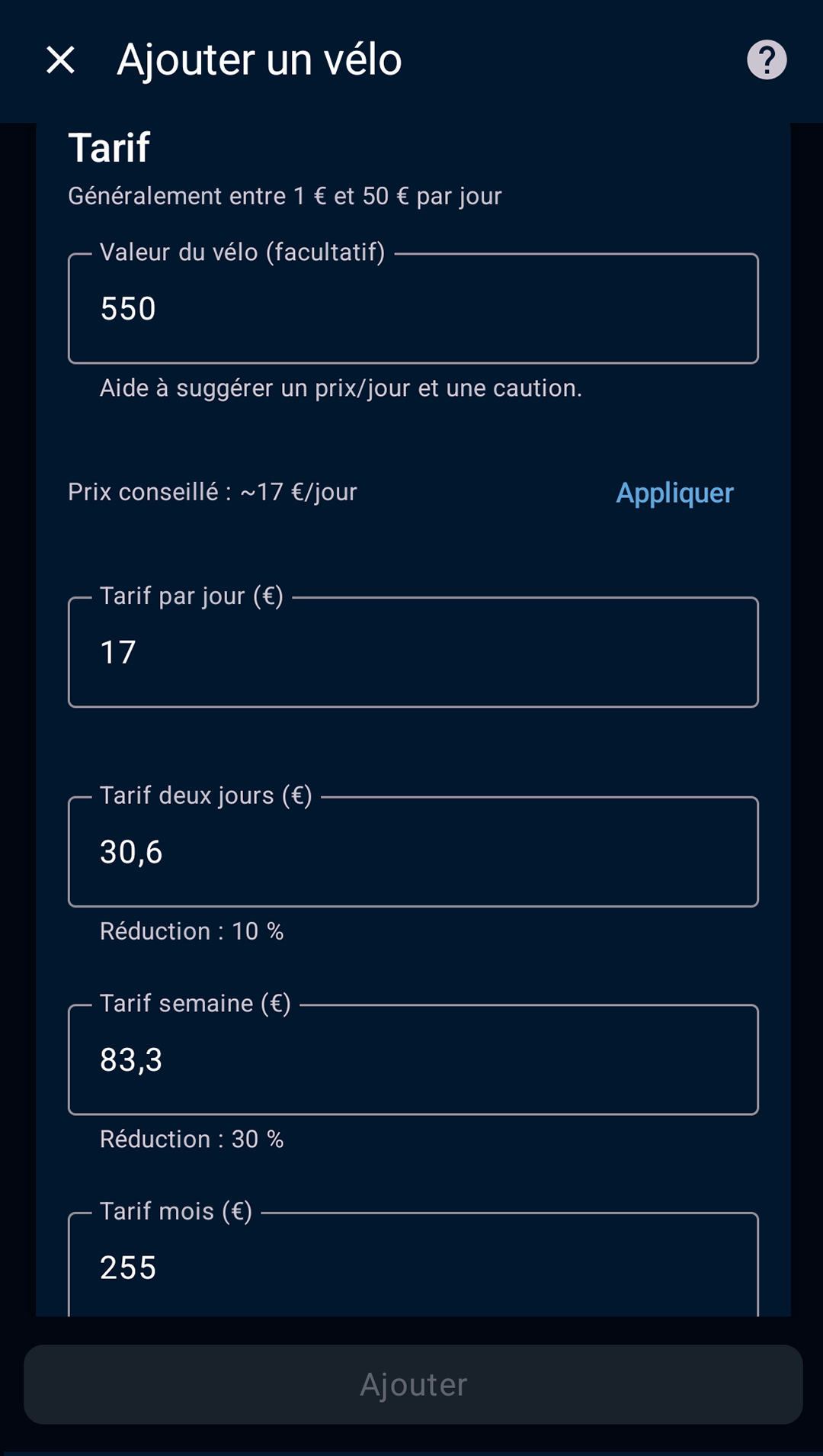écran d’ajout du tarif