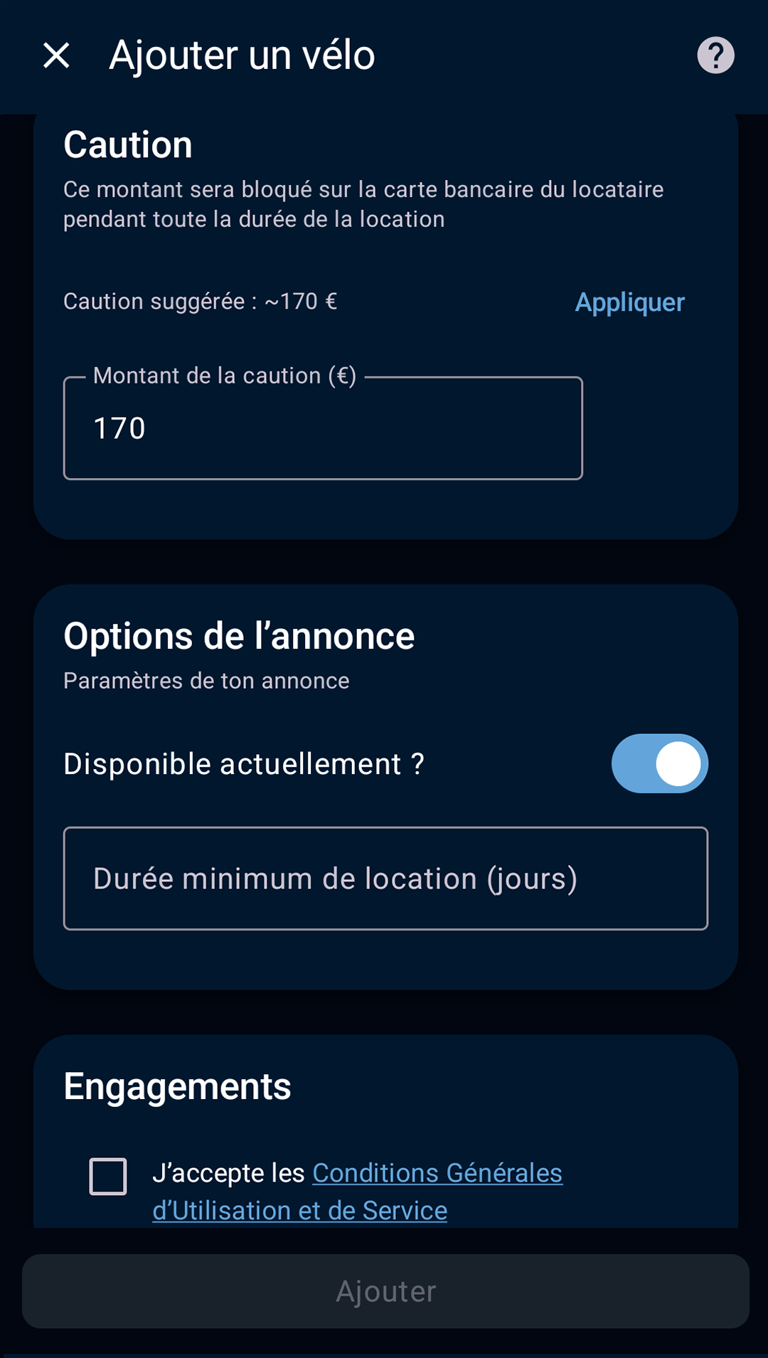écran d’ajout de la caution