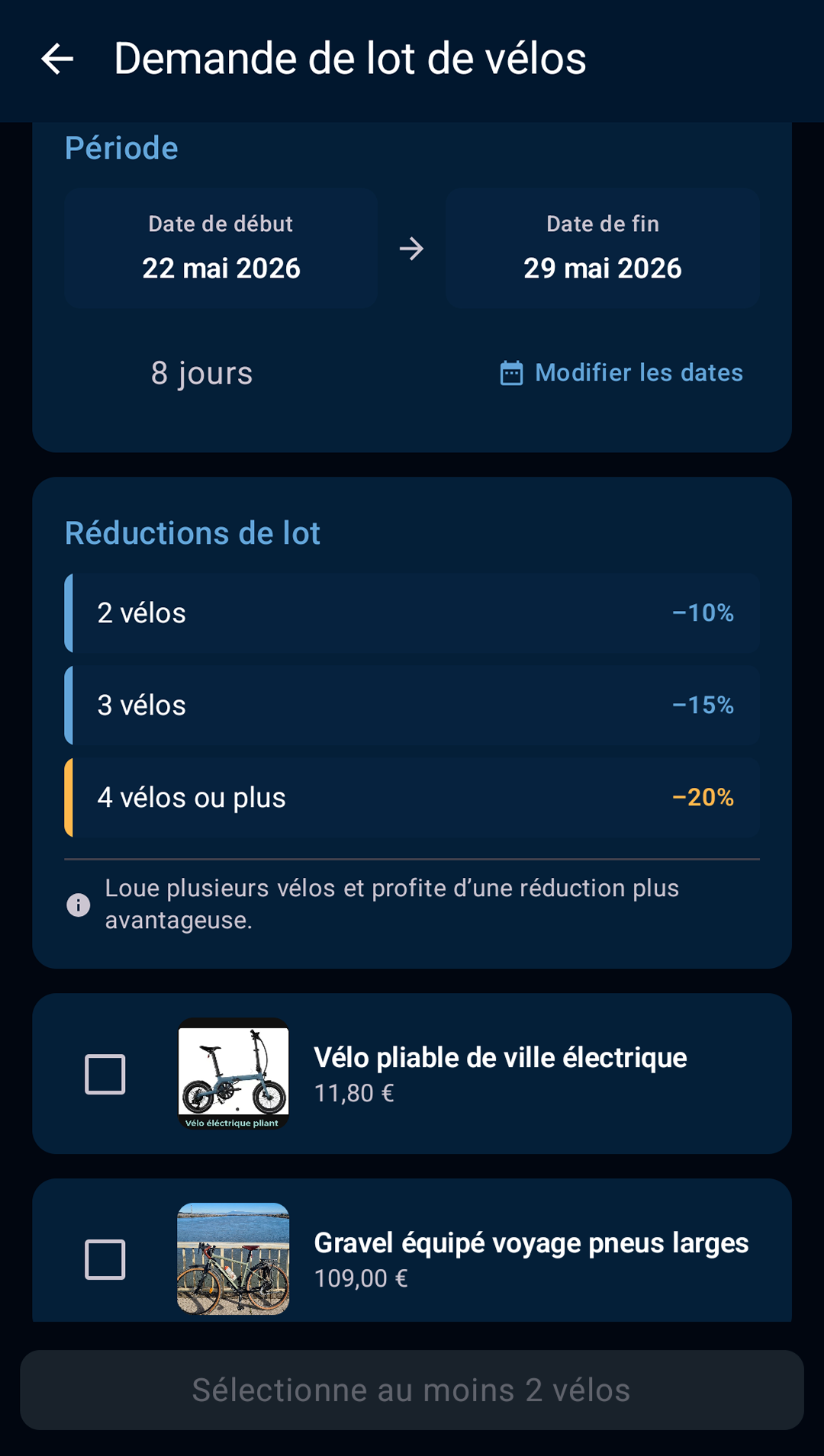 écran de demande de lot de vélos