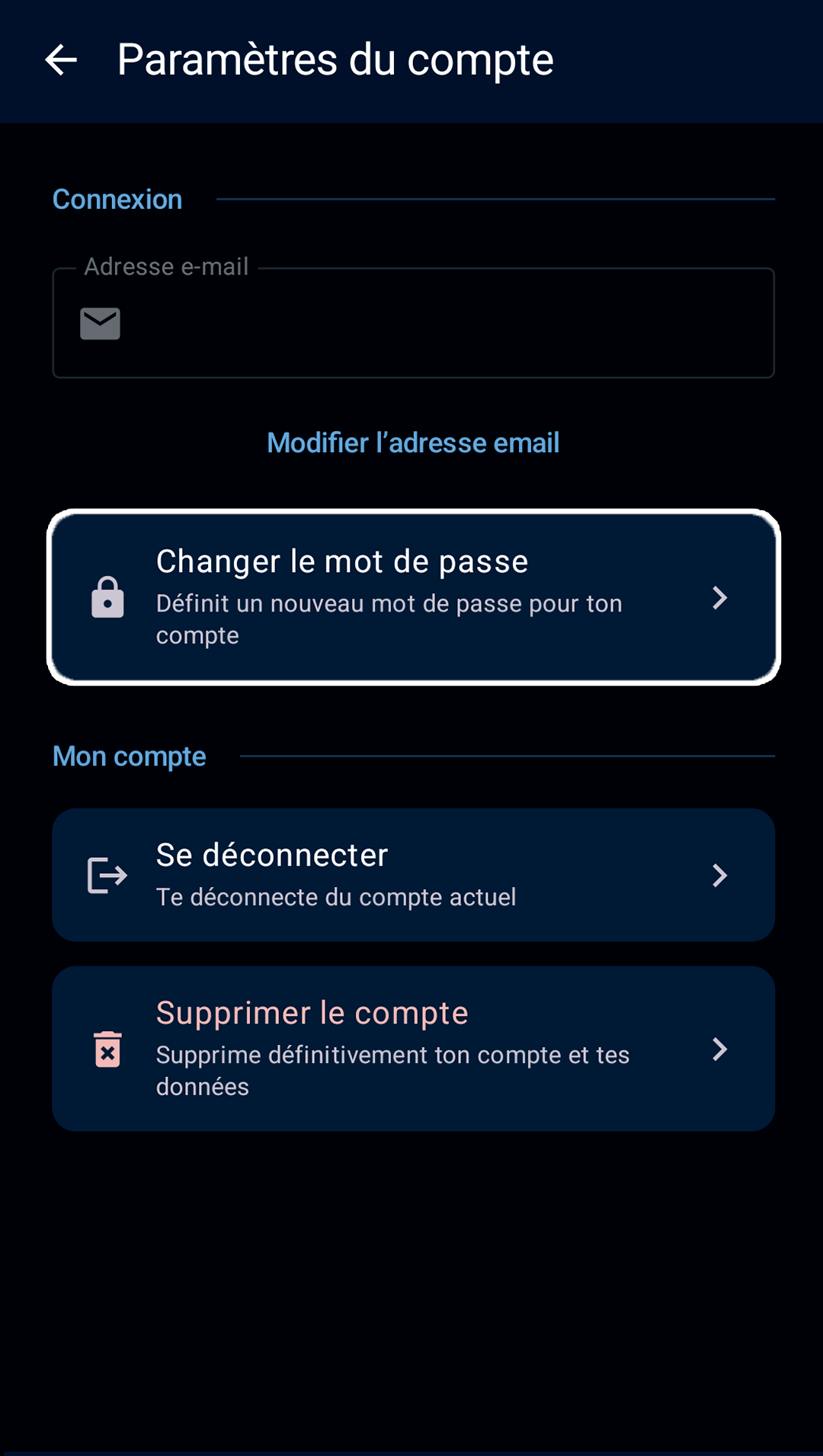 écran de paramètres du compte