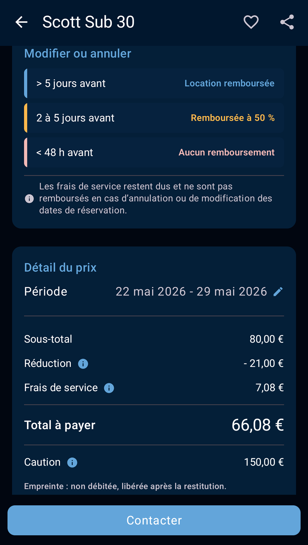 écran de demande de location