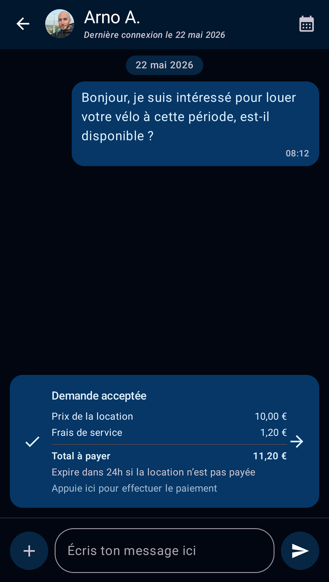 écran de messagerie avec demande de location