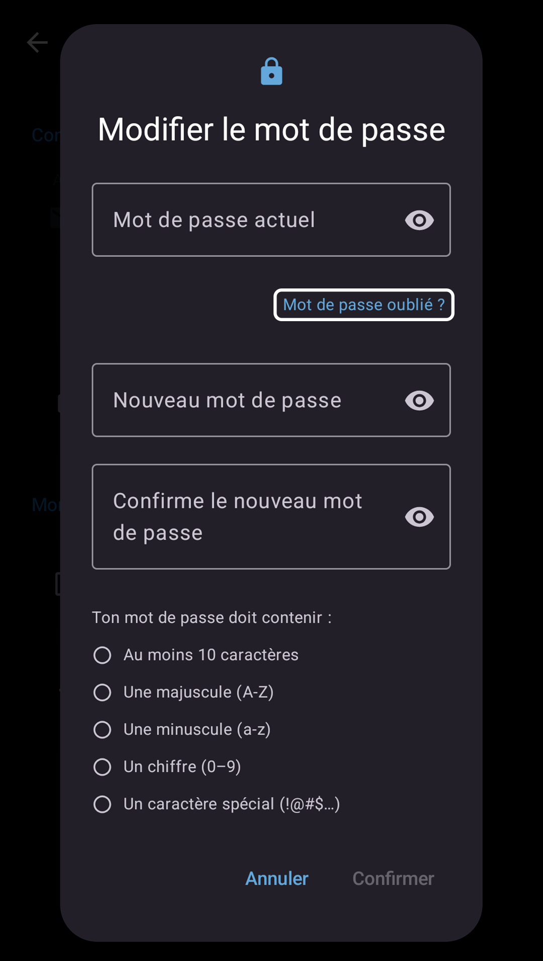 écran de changement du mot de passe