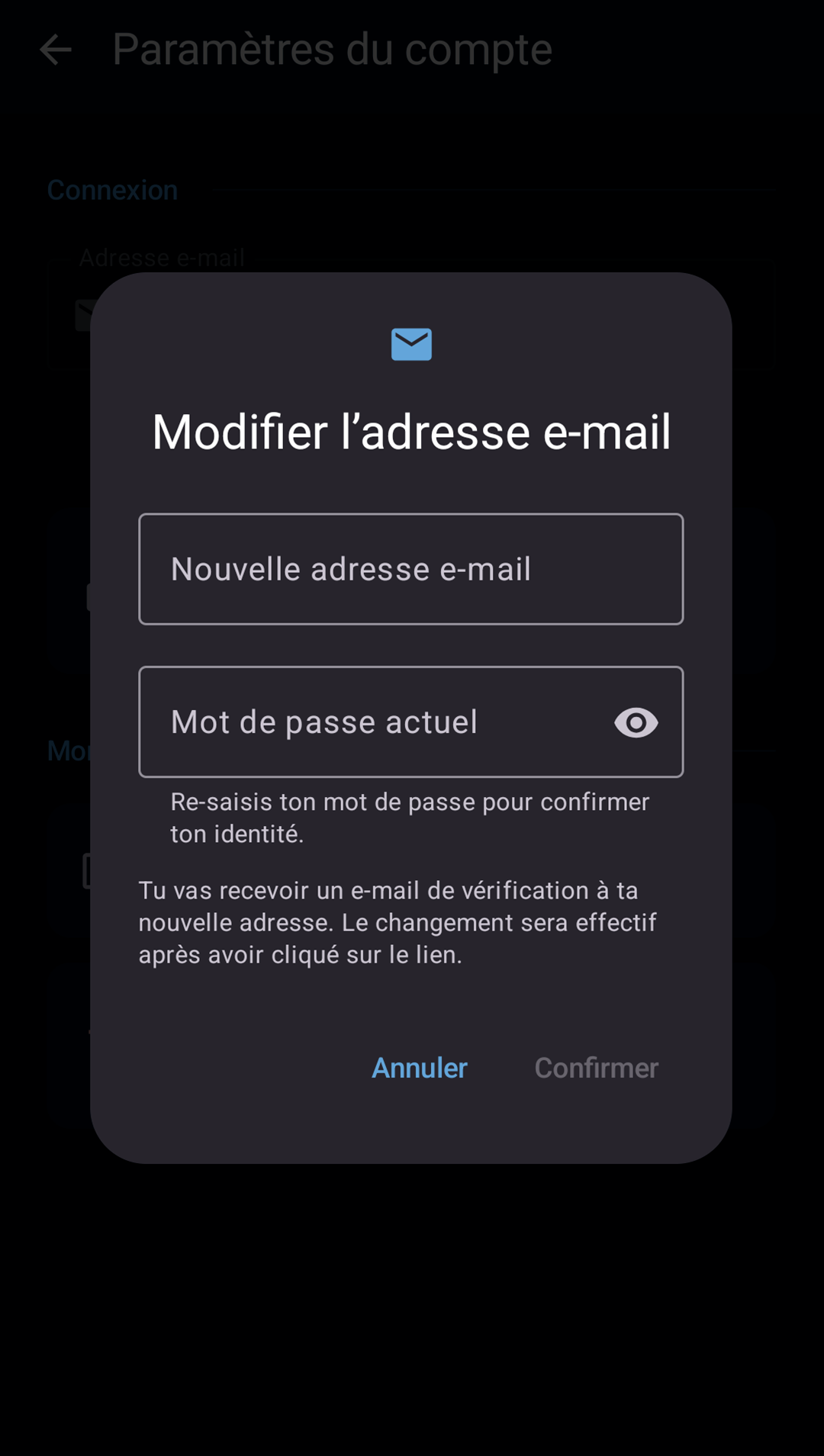 écran de changement d’email