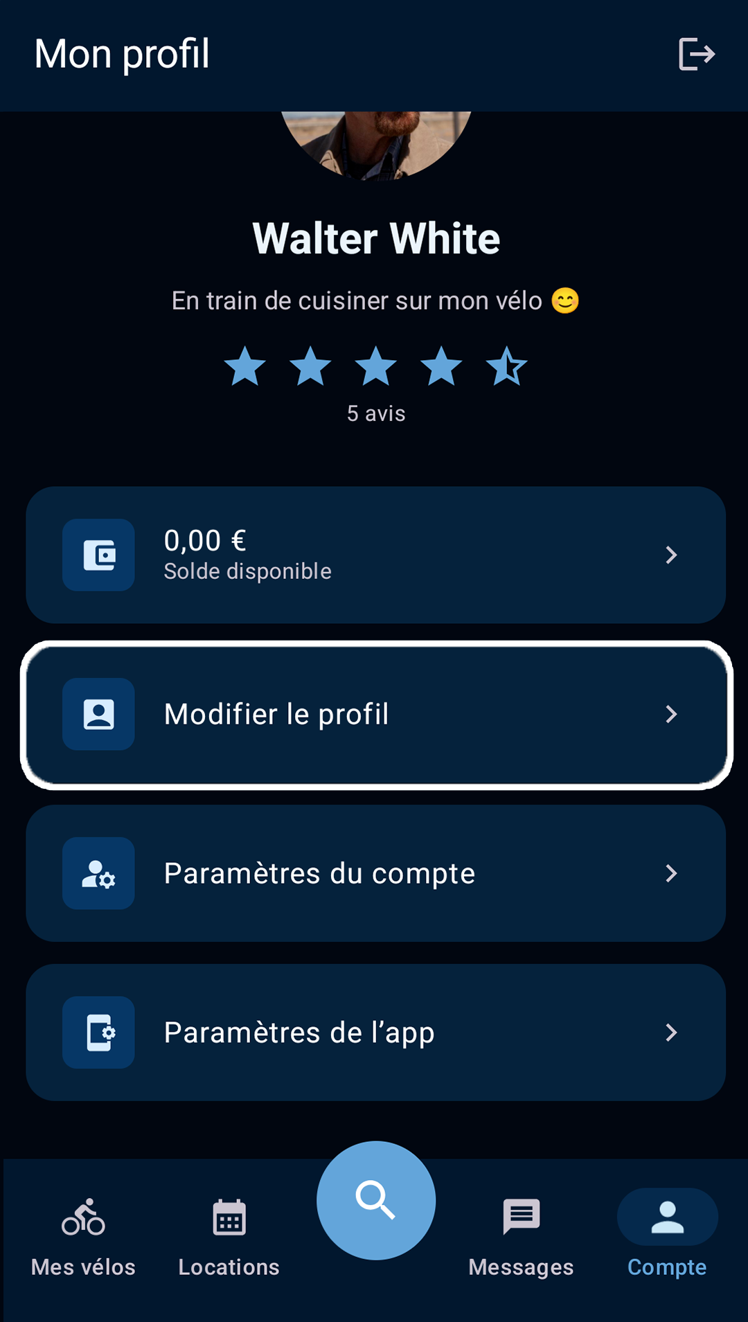 écran de modification du profil