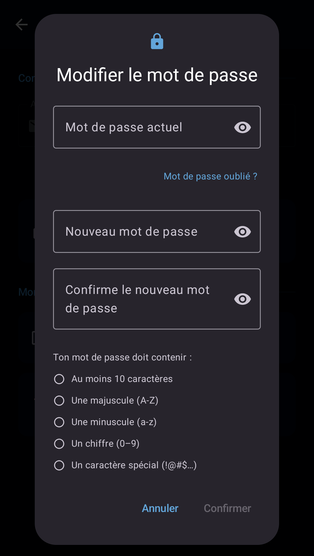 écran de changement du mot de passe