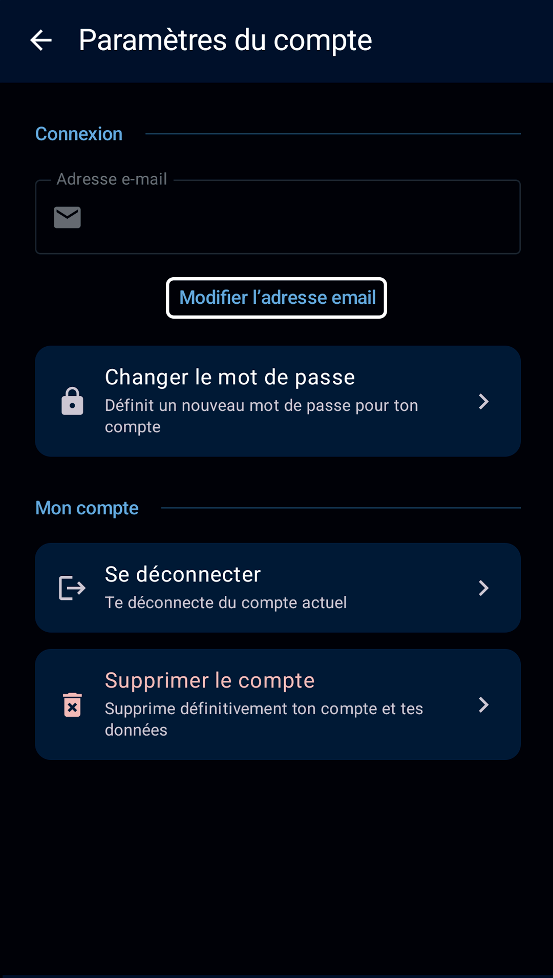 écran de paramètres du compte