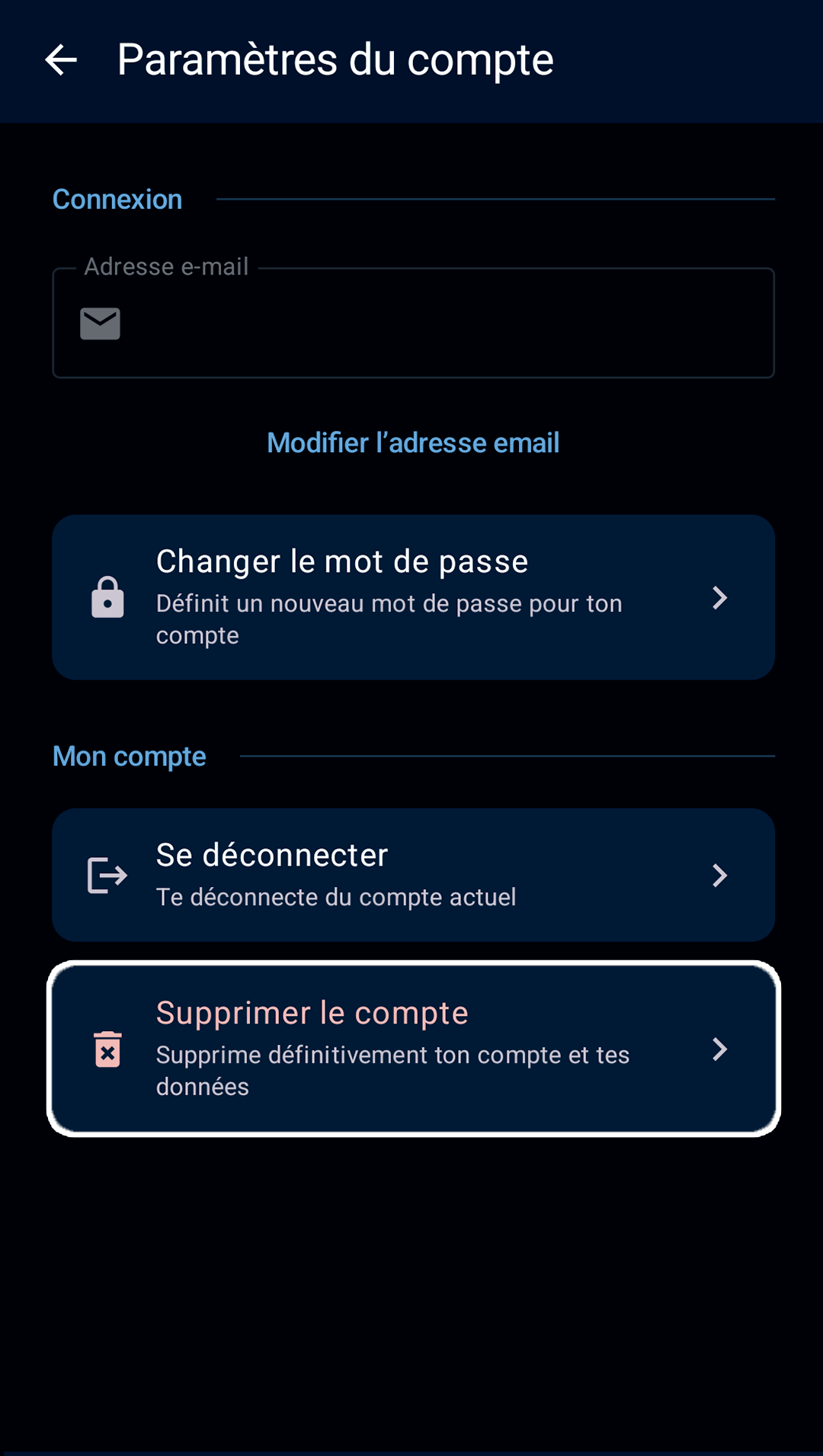 écran de paramètres du compte