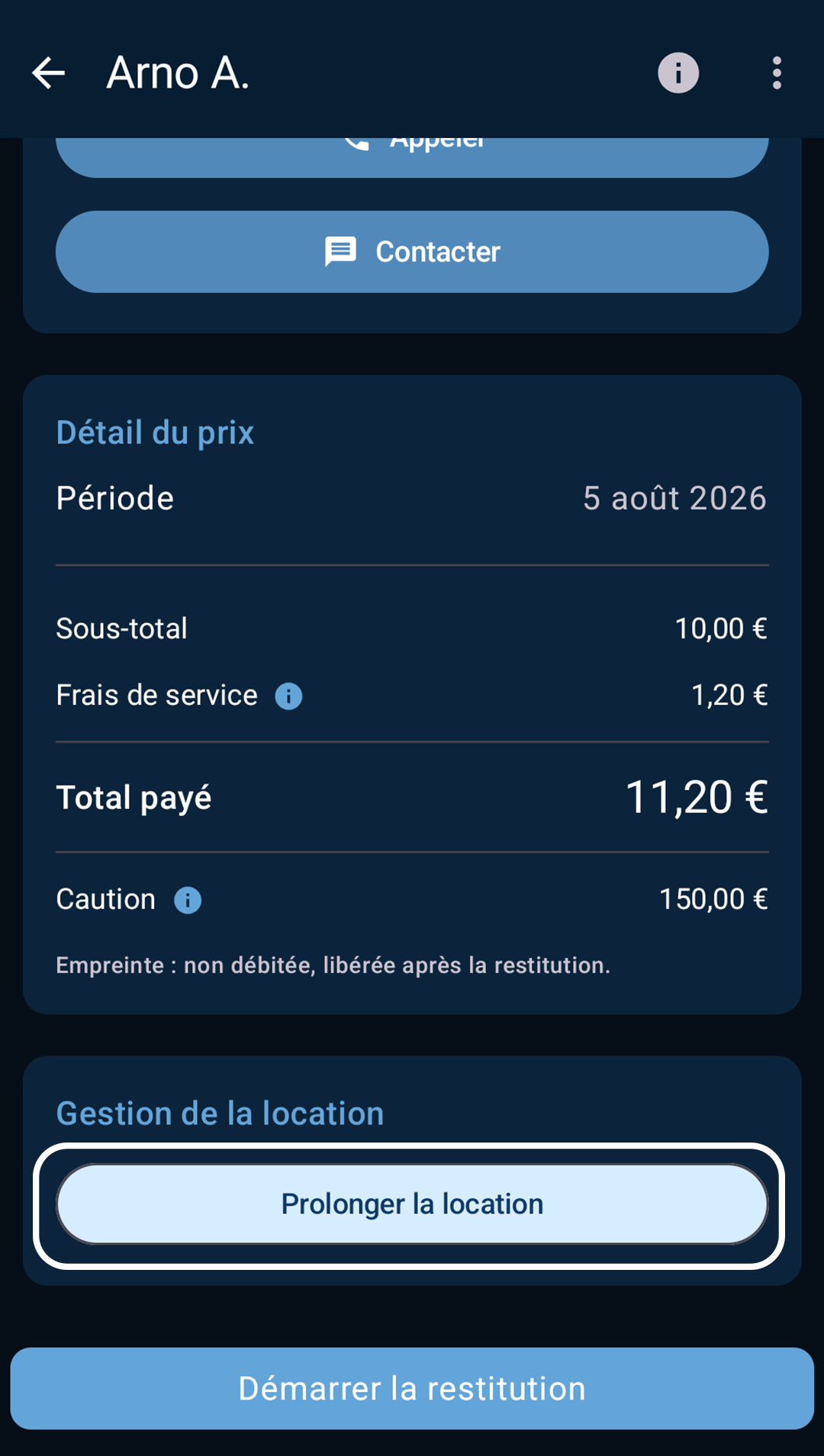 écran de prolongation de la location