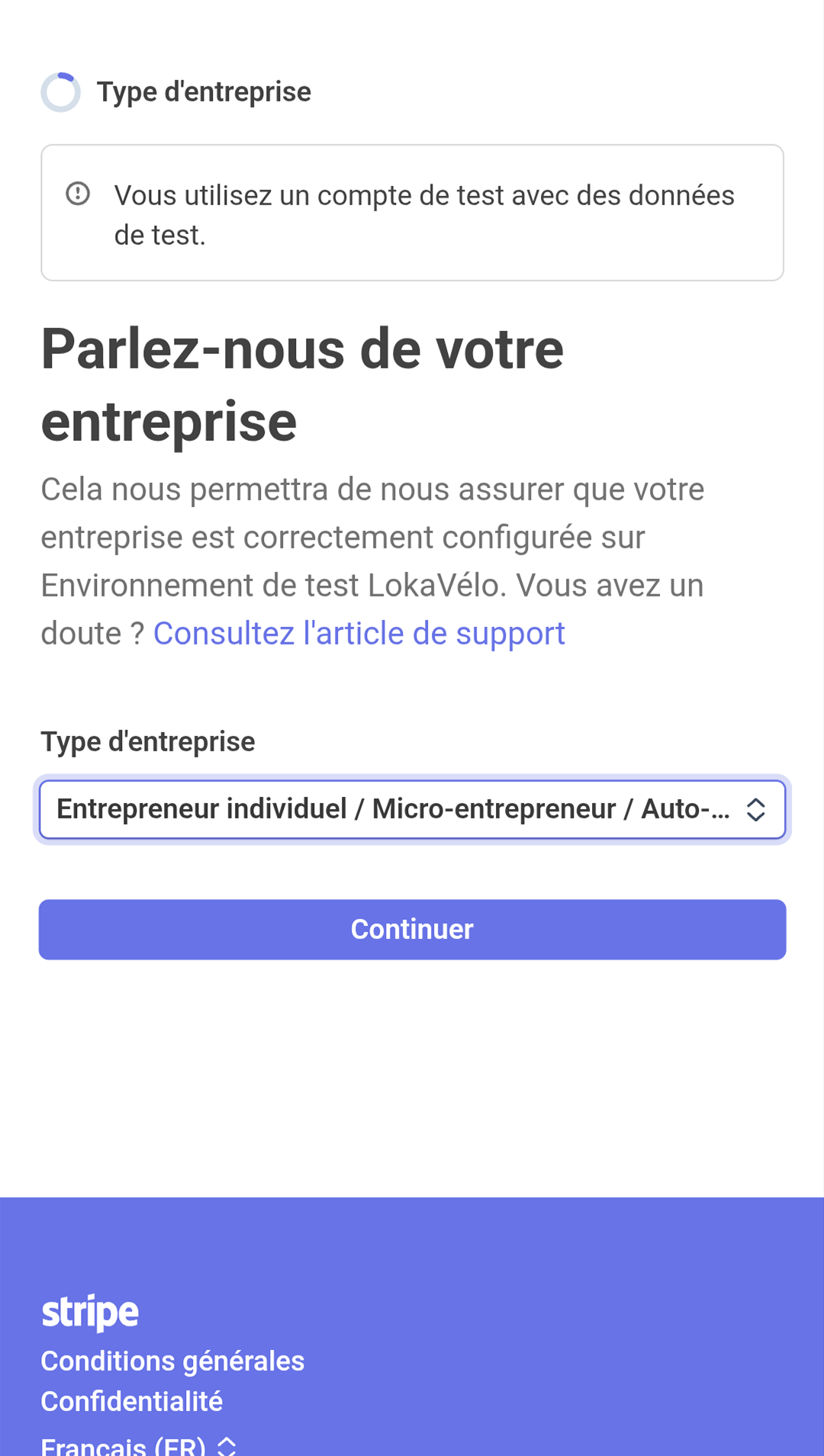 écran de configuration de Stripe