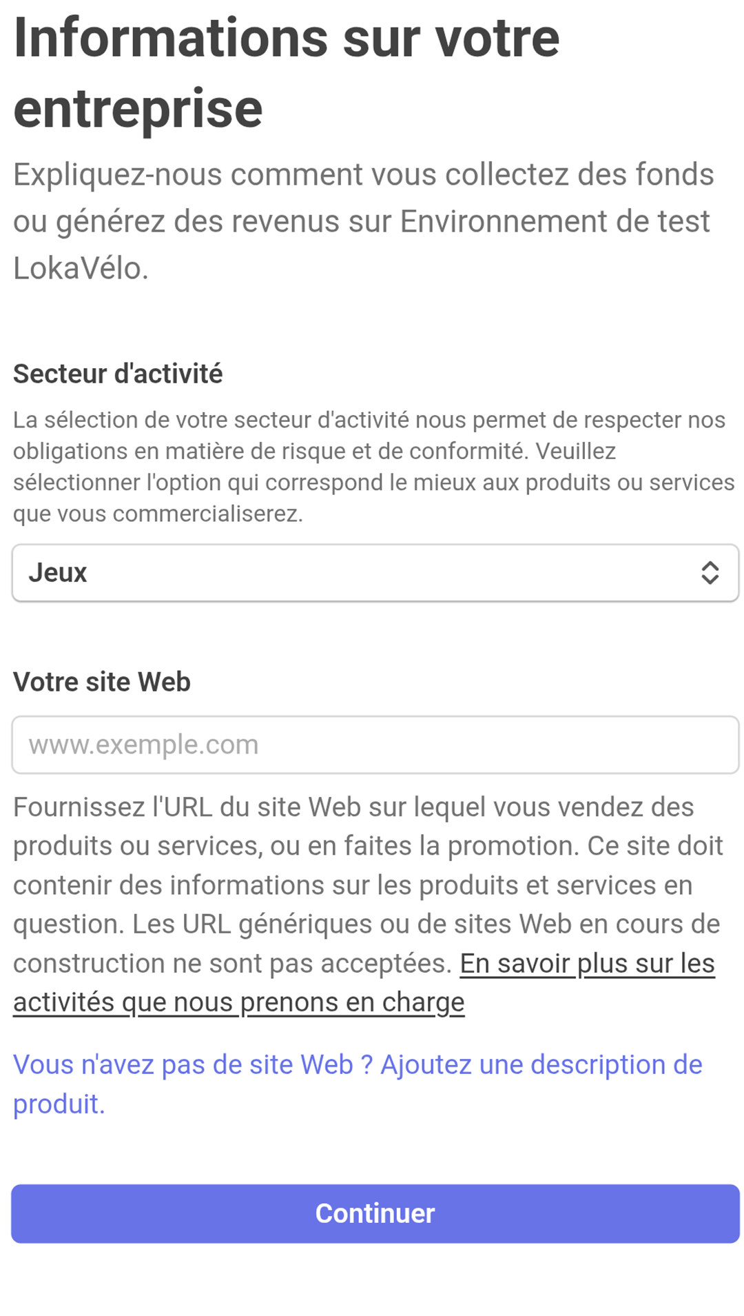 écran de configuration de Stripe