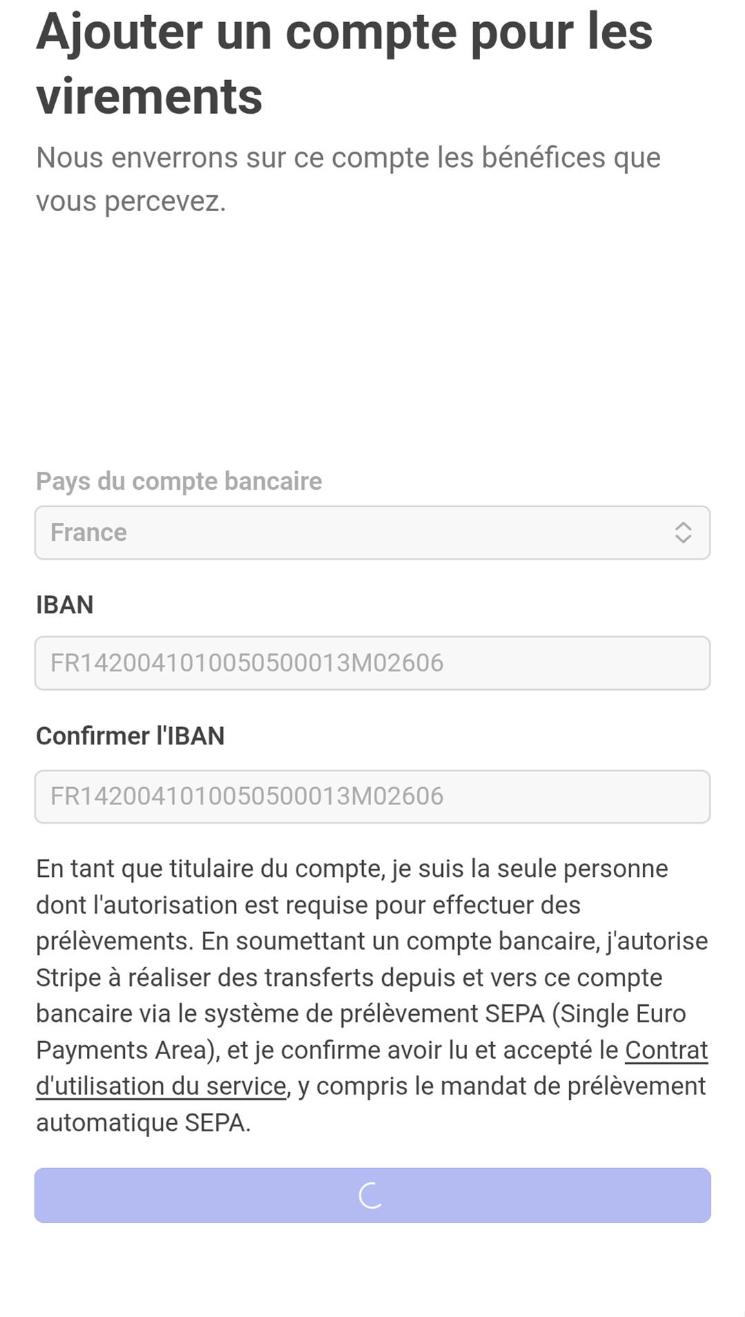 écran de configuration de Stripe