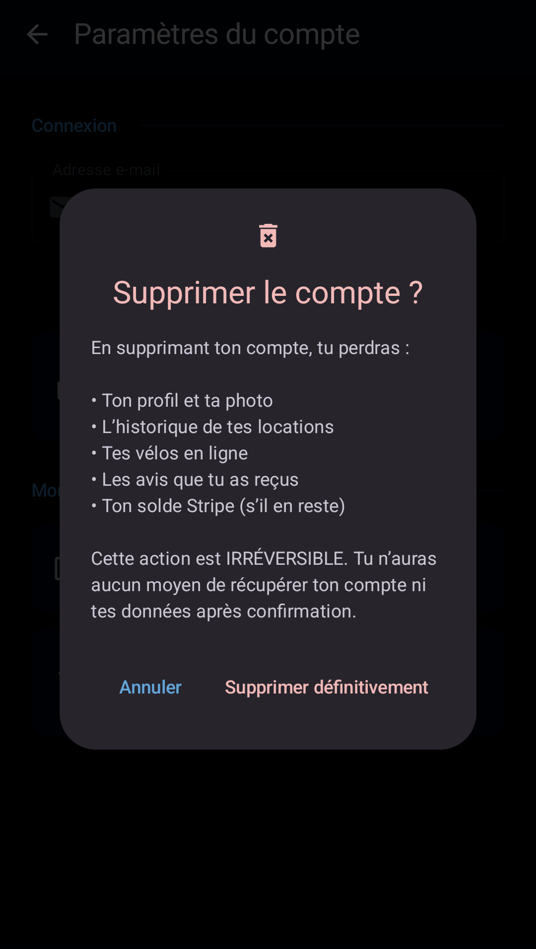 écran de suppression du compte